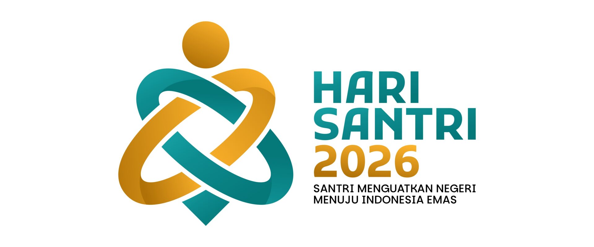 Logo Hari Santri 2026 berupa figur manusia dari jalinan lingkaran biru toska dan keemasan dengan tulisan Santri Menguatkan Negeri Menuju Indonesia Emas